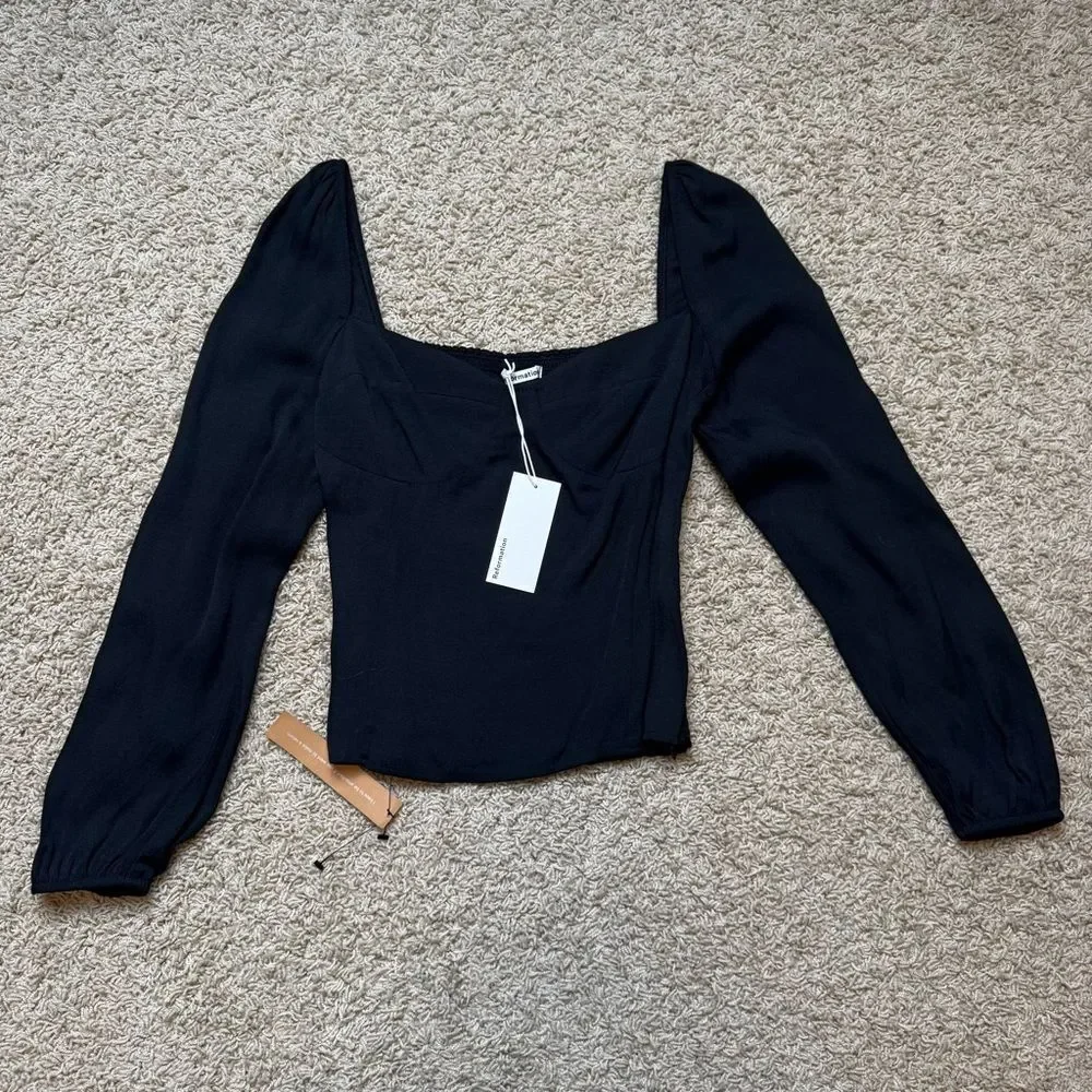 Reformation Reign Top Square Neck Long Sleeve Black NWT 10